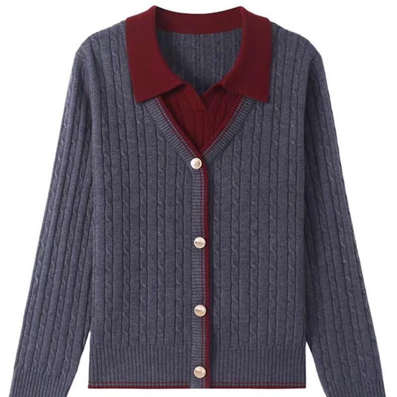 Autumn Winter Polo Neck Fake Two Pieces Knitting Top Women Casual Fashion All-match Vintage Pullover Sweater