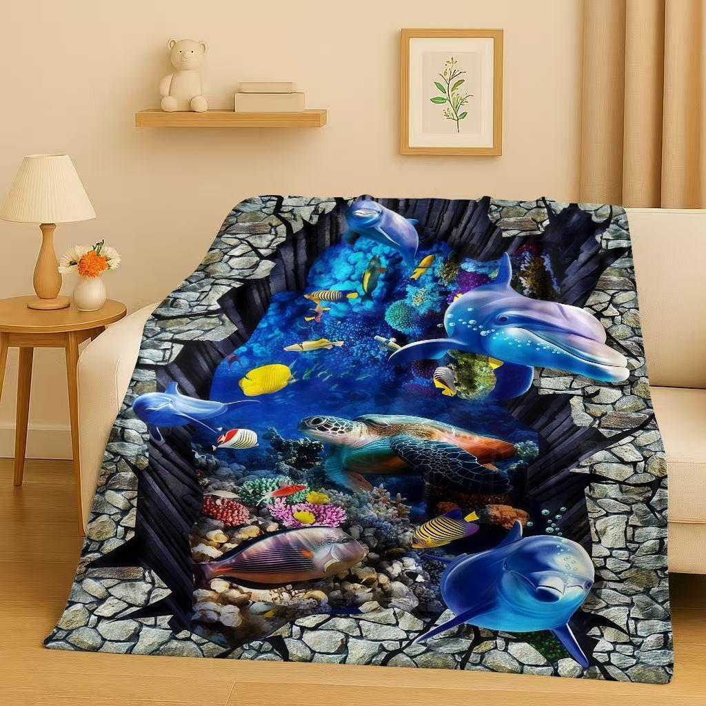 3D Illusion Underwater World Breaking Wall Art Flannel Blanket,Ultra Soft Warm Plush Throw for Home Bedroom Bed Sofa Cover Gift
