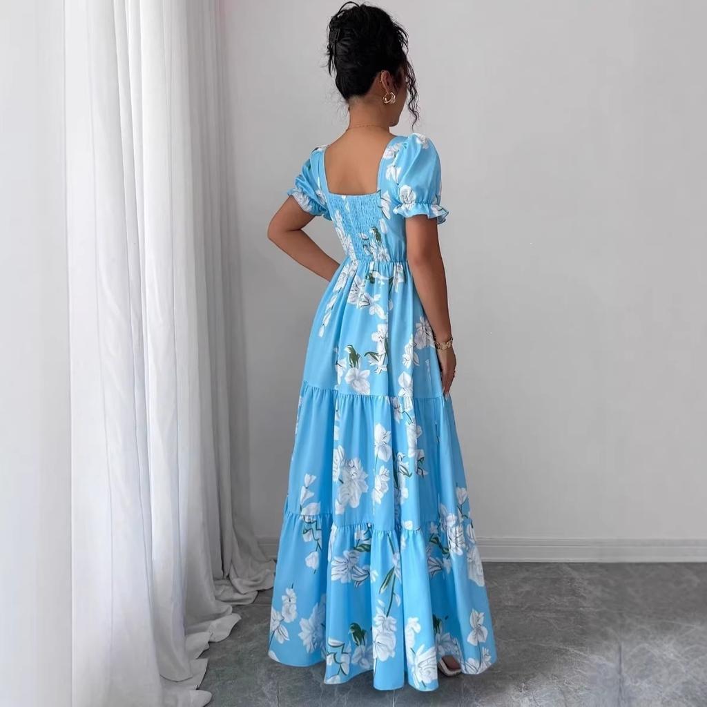 Elegant dress, floral temperament printing, European and American square collar new long dress, blue and pink.