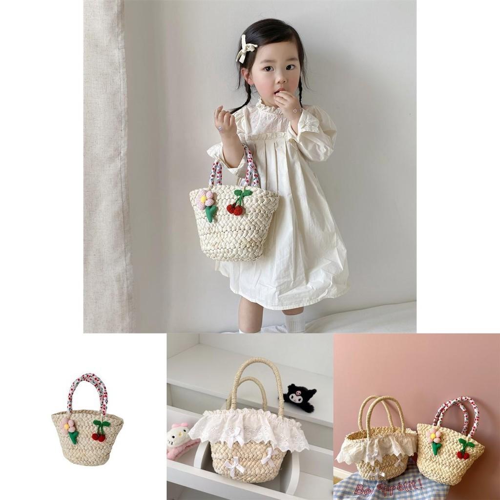 Stylish Unisex Kids Woven Bucket Bag In White Lace With Playful Cherry Print