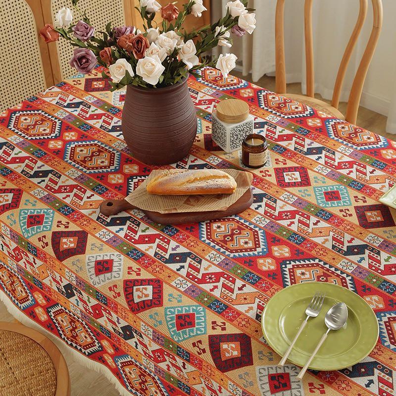 Bohemian Style Cotton Linen Tablecloth With Tassels Long Rectangle Decorative Dining Table Cover Anti-Slip Heat Resistant