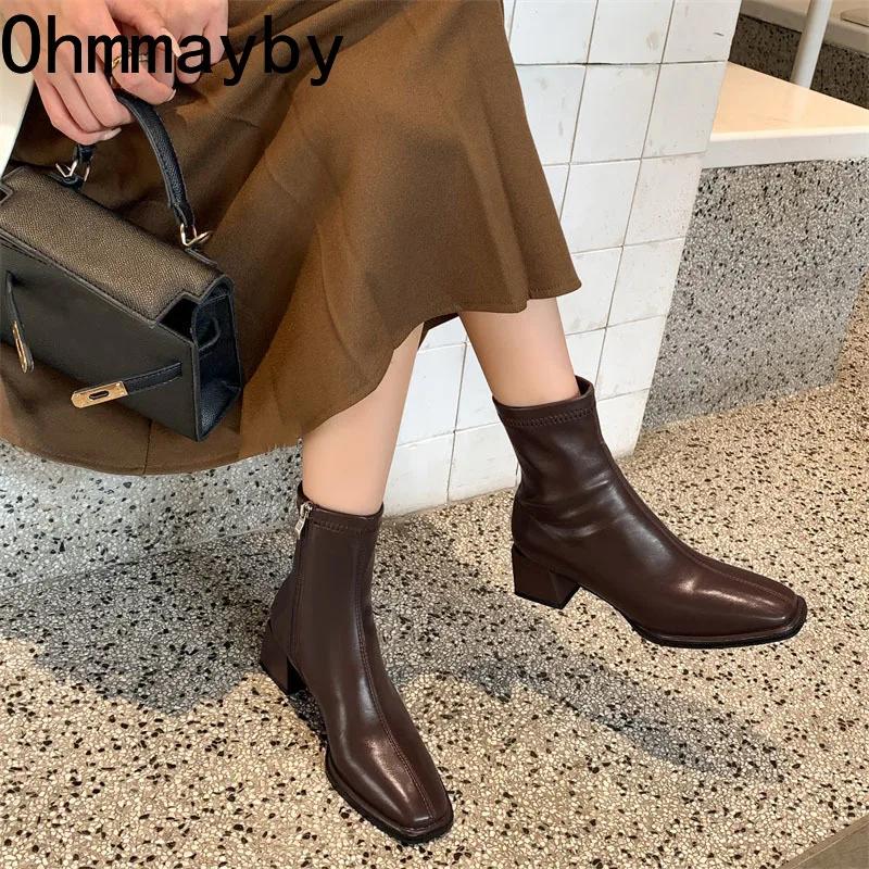 Fashion High Quality Soft PU Leather Women Ankle Boots Square Toe Square Heel Short Boots 2025 Autumn Winter Women Shoes Chelsea Boots