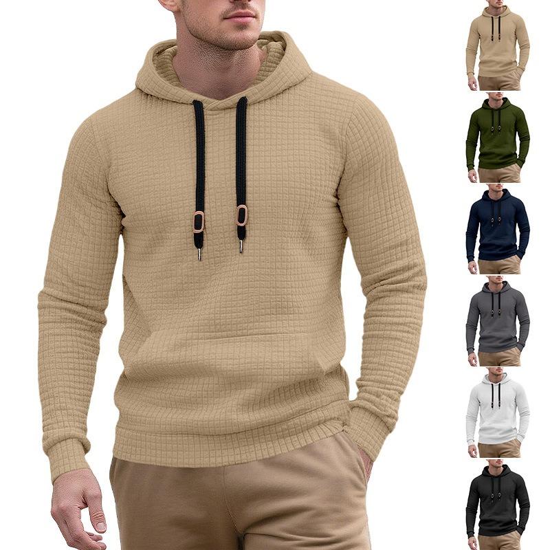 Mens Waffle Knit Hooded Sweatshirt Casual Loose Pullover Long Sleeve