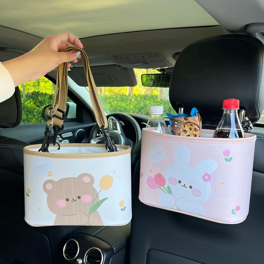 Cartoon Bear Car Trash Can Leather Printing Car Storage Bucket Hanging Multi-Functional Car Storage Box