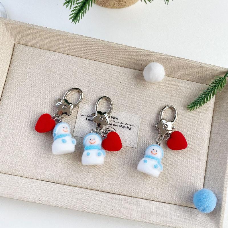 Charms Cute Plush Flocking Love Snowman Christmas Keychain Ins Style Snowman Mobile Phone Rope Pendant Ornament Bag Decoration