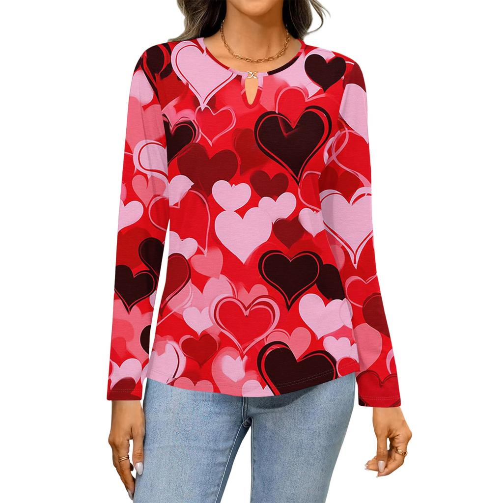 Women's Casual Round Neck Hollow,out Pullover Long Sleeve Valentine's Day Heart Print T,shirt Top