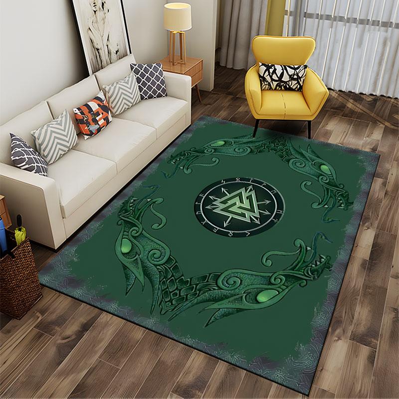 Viking Green Dragon Carpet Design suitable as a non-slip mat for the living room or bedroom sofa