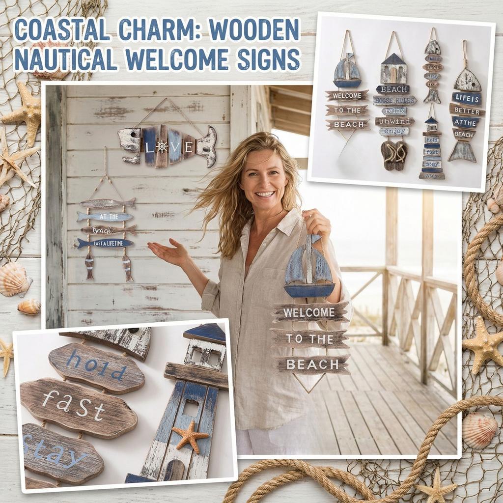 Wooden Fish-shaped Welcome Sign, Nautical-themed Wall Decoration, Vintage Fish-shaped Hanging Ornament, Beach-themed Decoration.