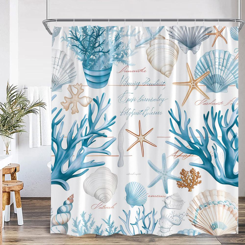 Nautical Sea Blue Shower Curtain Seashell Coral Seafish Seaweed Rudder Conch Ocean Bathroom Decoration Polyester Bathtub Curtain