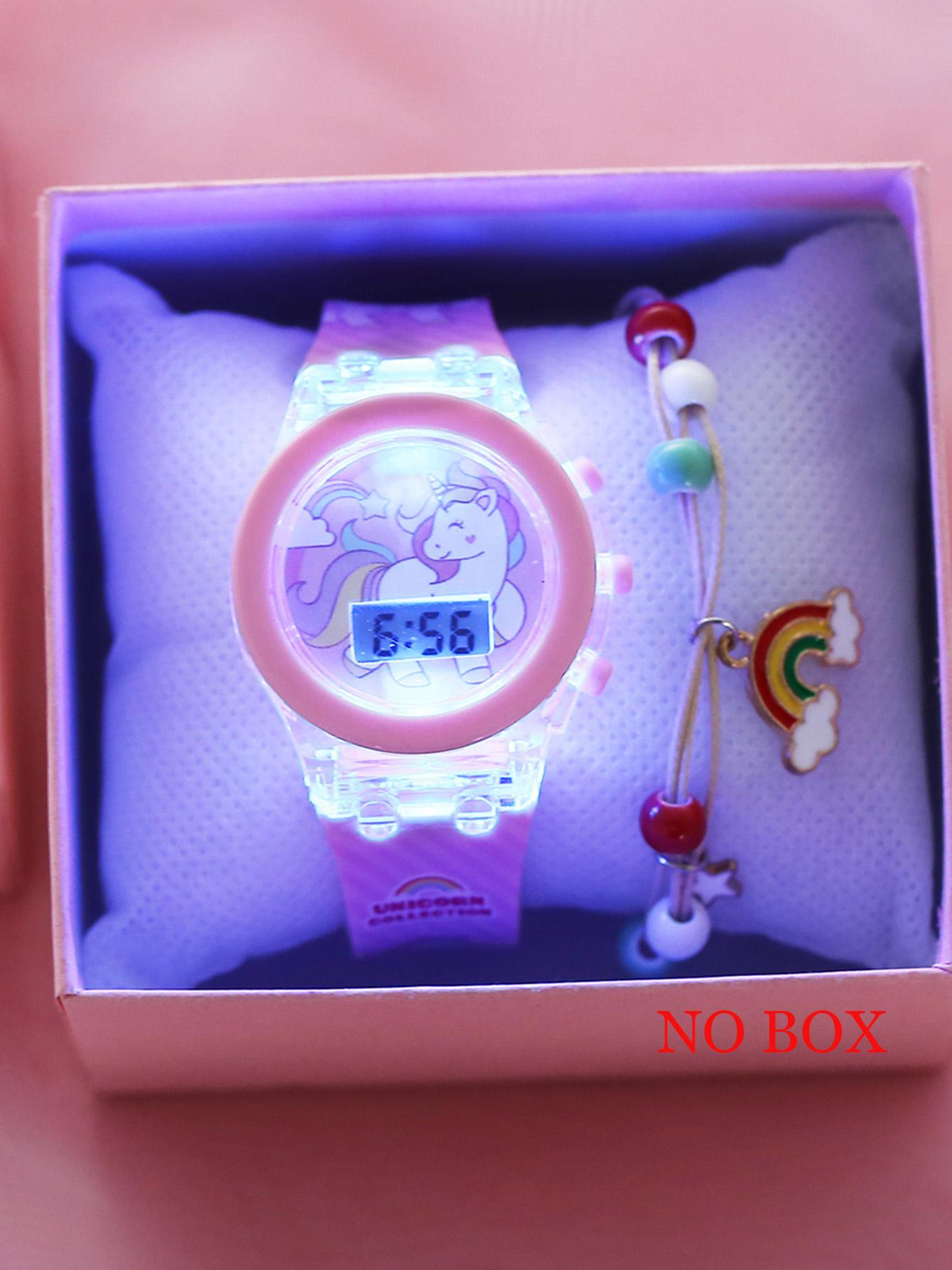 

Fashionable cute glowing unicorn electronic watch with rainbow bead bracelet exquisite set рожевий