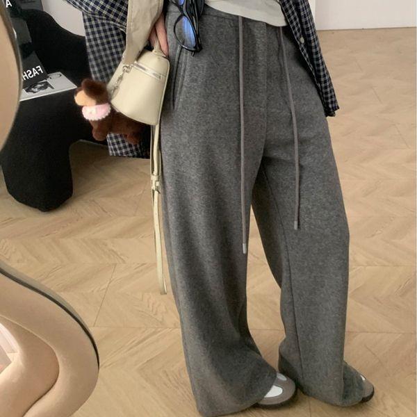 2025 Autumn/Winter Women's Elastic Waist Wide-Leg Drawstring Towel Pants - Thickened, Lazy Style, Casual and Straight Fit