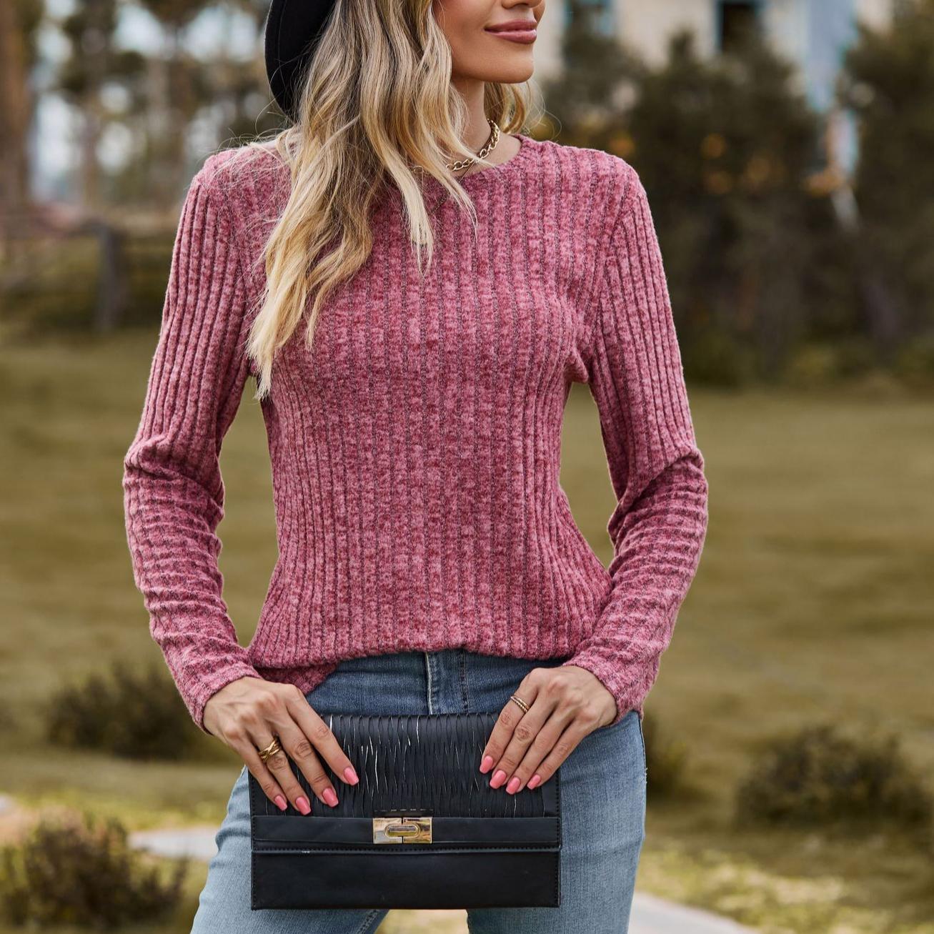 

Осенний женский трикотаж Одежда женская повседневная Круглый вырез Матовый полосатый свитер Однотонный топ Длинный рукав Футболка L оранжевый/красный