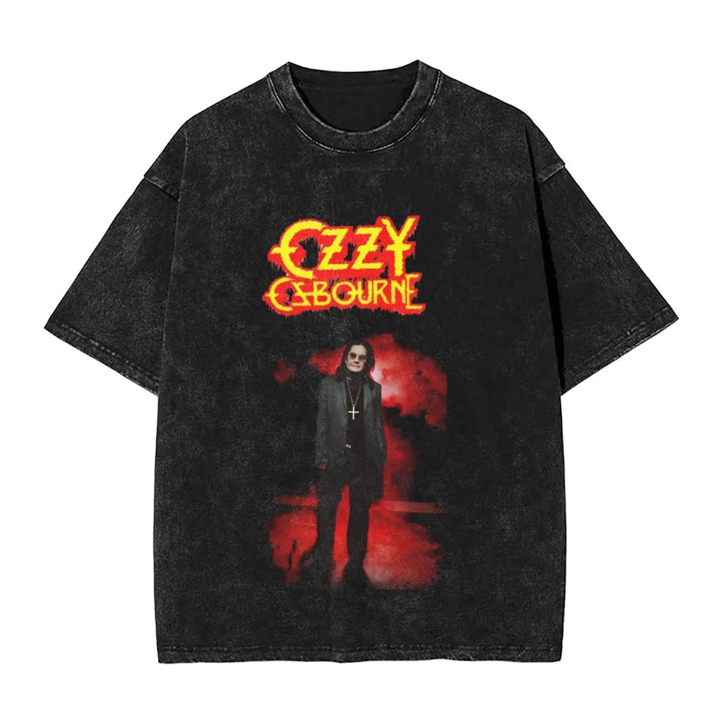 Oversized Acid-Wash Vintage Short-Sleeve T-Shirt Featuring Ozzy Osbourne Live Stage Retro Rock Graphic Print