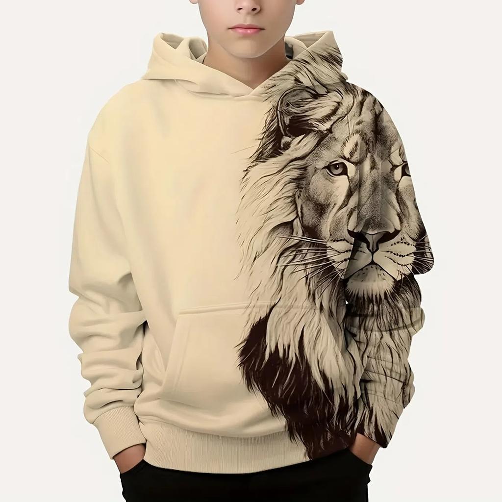 Stylish Lion 3D Printing Boys Casual Pullover Long Sleeve Hoodies Sweatshirt For Spring Fall Kids Hoodies Tops Outdoor Clothing