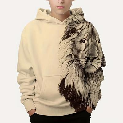 Stylish Lion 3D Printing Boys Casual Pullover Long Sleeve Hoodies Sweatshirt For Spring Fall Kids Hoodies Tops Outdoor Clothing