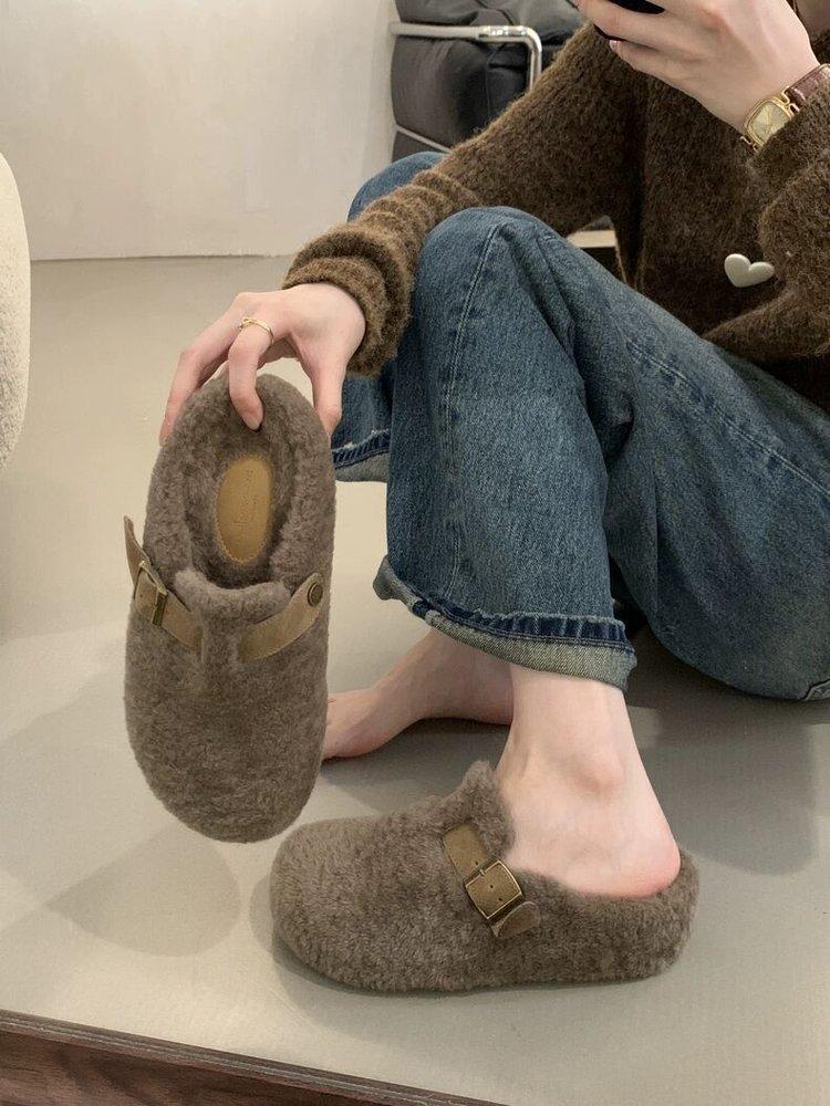 2025 new belt buckle thick-soled imitation lamb wool cotton slippers outer wear bag head fluff half-drag warm women's shoes slippers