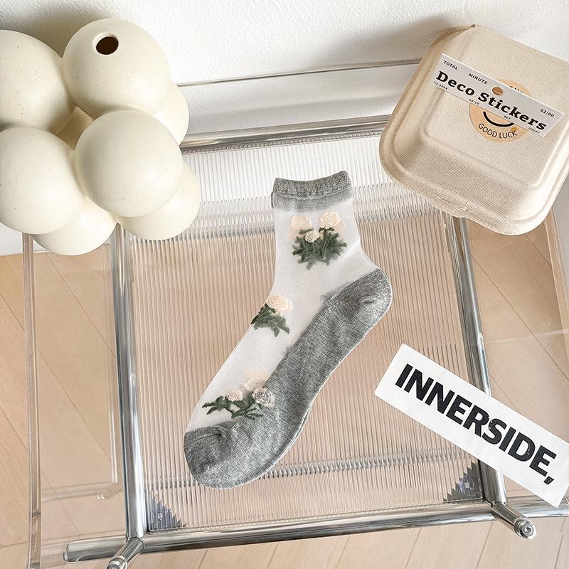 Women's Summer Silk Floral Mid-Calf Socks - Breathable, Sweat-Absorbing Cotton Bottom