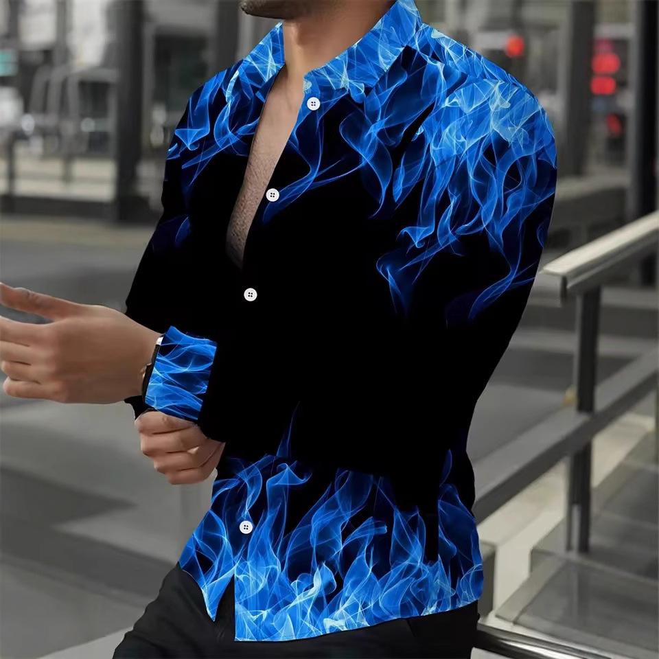 Men's Shirt Fashion Vintage Street Texture Print Shirt Men's Long Sleeve Lapel Shirt