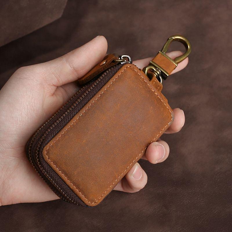 Universal Retro Crazy Horse Leather Key Case, Large Capacity Double Layer for Car & Home Keys