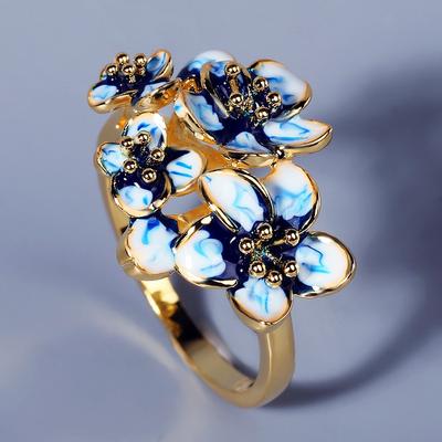 Exquisite Rings for Women Fashion Blue Gold Color Flowers Ring Trendy Fine Jewelry Handmade Enamel Party Ring