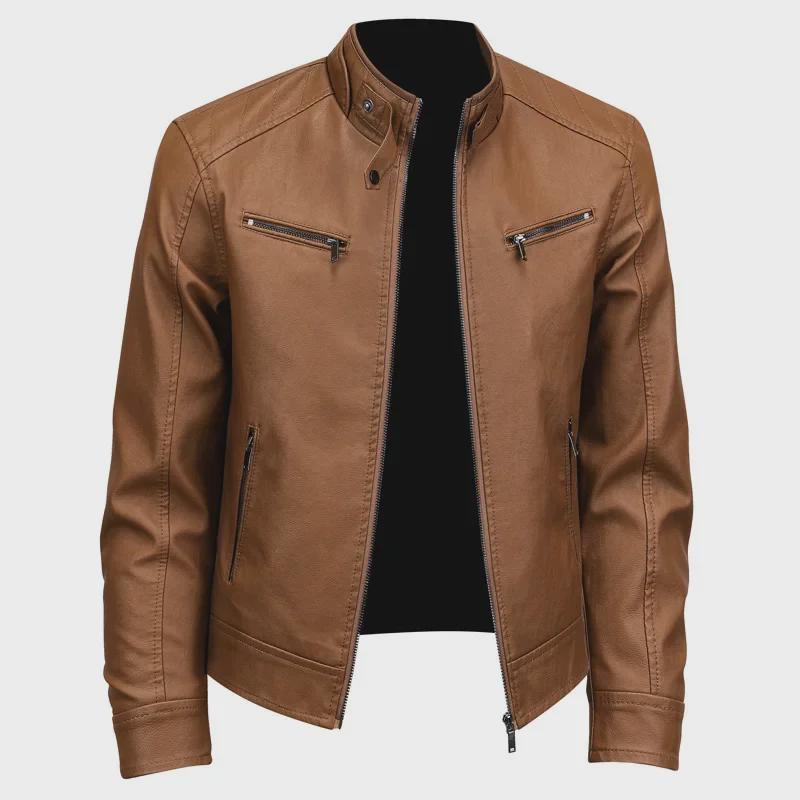Men's Trendy PU Leather Motorcycle Jacket with Stand Collar - American & British Style