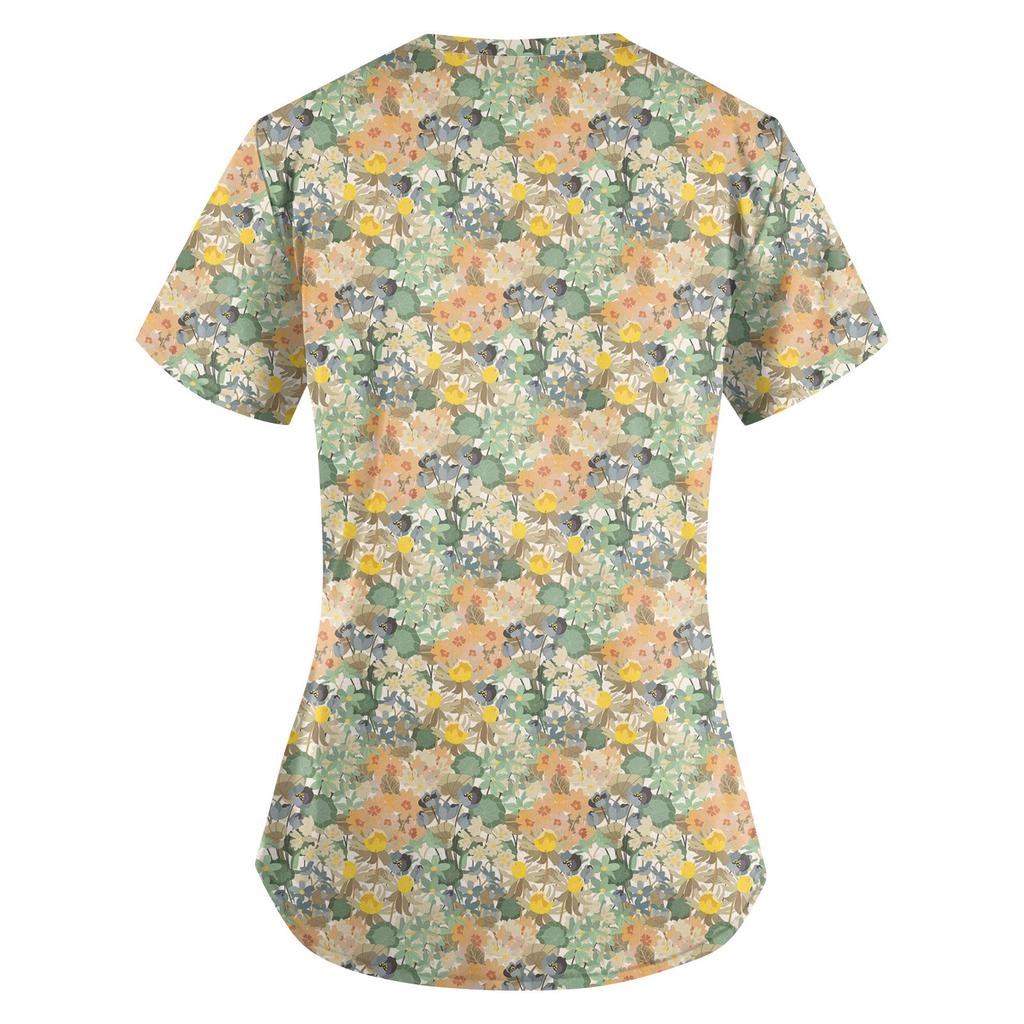 Süße bedruckte Arbeitskleidung für Damen, V-Ausschnitt, doppellagige Taschen, Basic, kurzärmeliges Oberteil, Pullover, Valentinstag