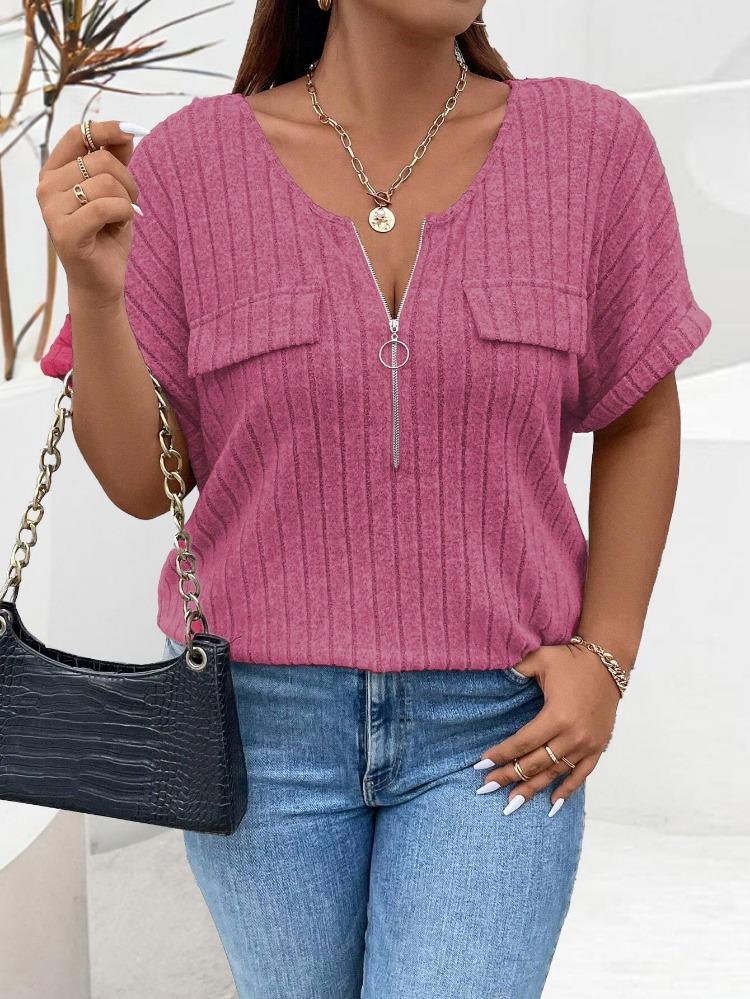 Women's Casual Comfortable Loose Fit Large Size Solid Color Short Sleeve Zipper Pullover Fake Pocket T-shirt Top