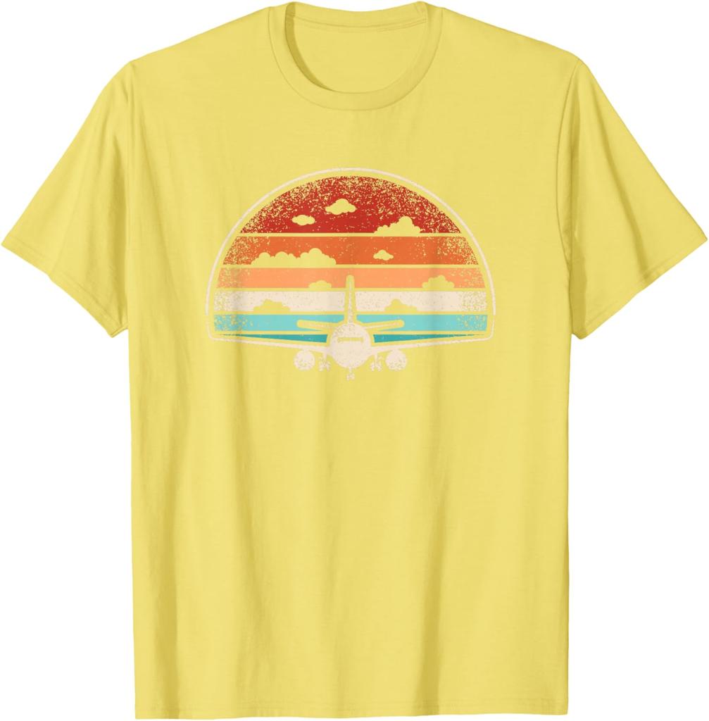 Retro Airplane Sunset Graphic Tee Men's Casual Breathable Cotton T-Shirt Pilot Aviator Flying