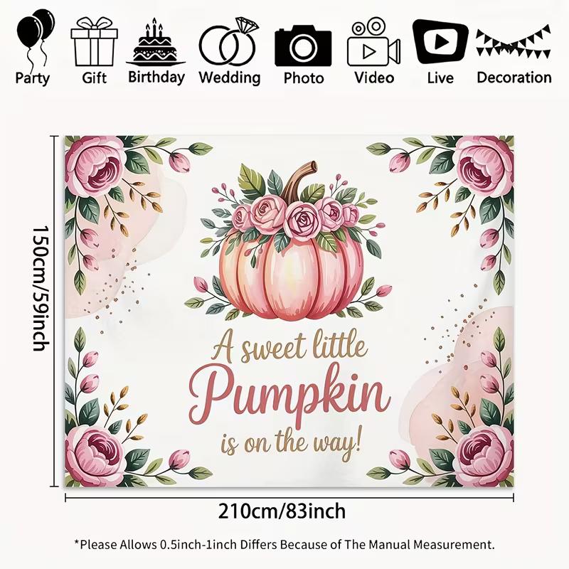 2D Floral Pumpkin Baby Shower Backdrop, Watercolor Pink Rose Pumpkin Party