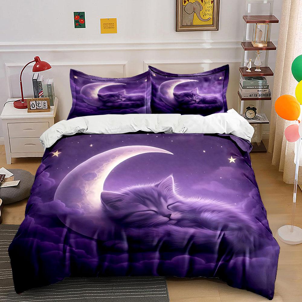 "Moon Cat Bedroom Decor Set" Bedding Set with 1 Duvet Cover 2 Pillowcases Single Double King Queen, Gift