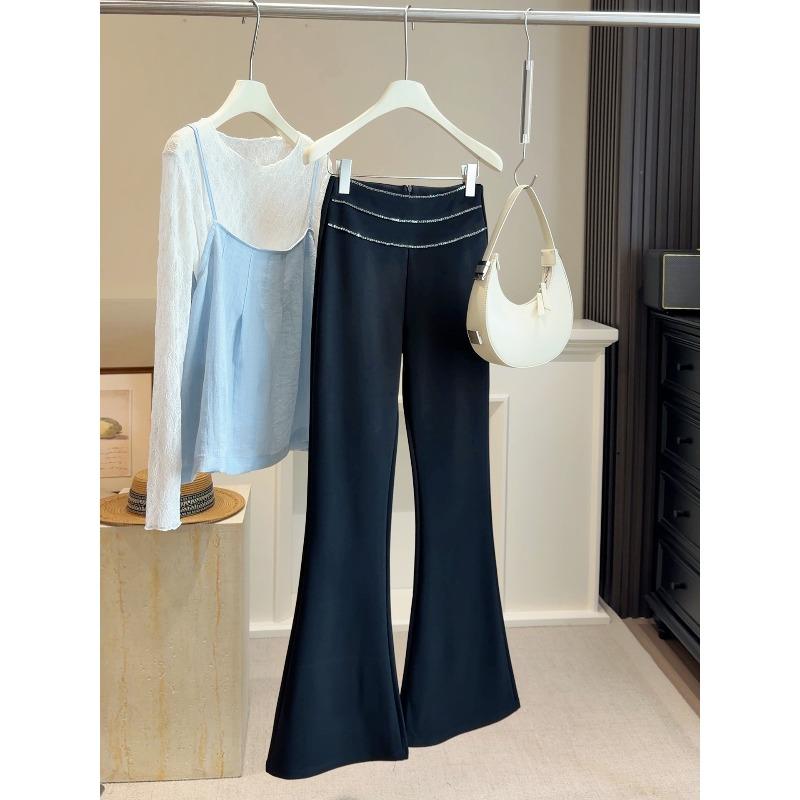 

Design sense sequins high waist fashion temperament suit micro-pull pants women s spring and summer versatile casual mopping horseshoe flared pants XL чорний