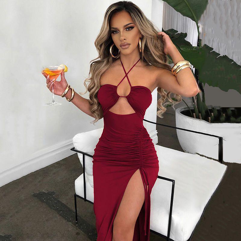 European Fashion Sleeveless High-Split Halter Neck Dress