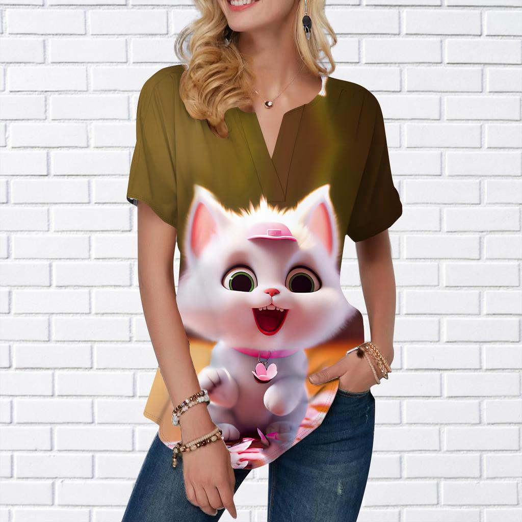Damen Sommer T-Shirt Hut Katzenaufdruck Kurzarm T-Shirts Lässige bedruckte Oberteile Klein V-Ausschnitt Kurze Ärmel