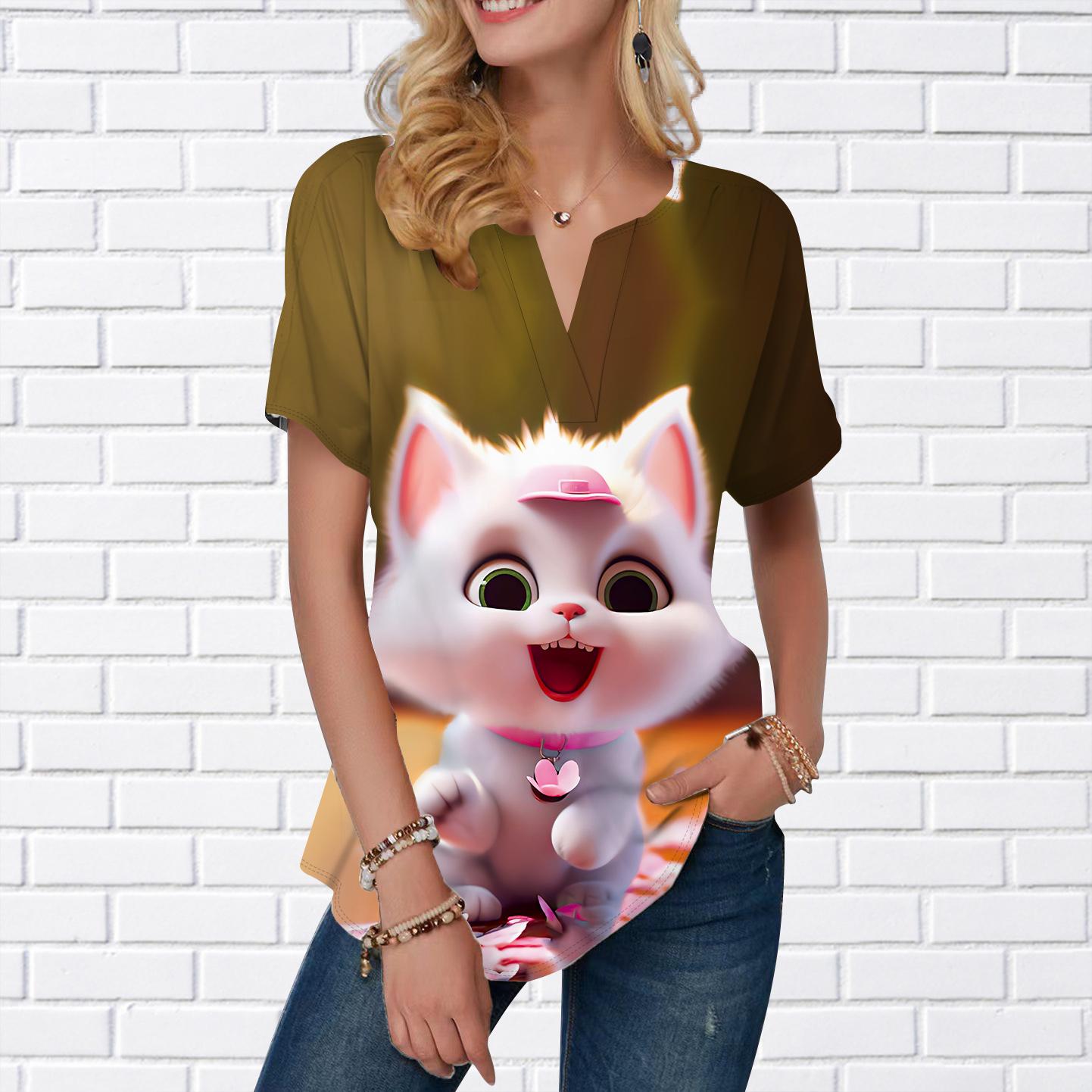 

Женская летняя футболка, шляпа, футболки с короткими рукавами и принтом кошки, повседневные топы с принтом, маленький v-образный вырез, короткие рукава 8XL коричневый