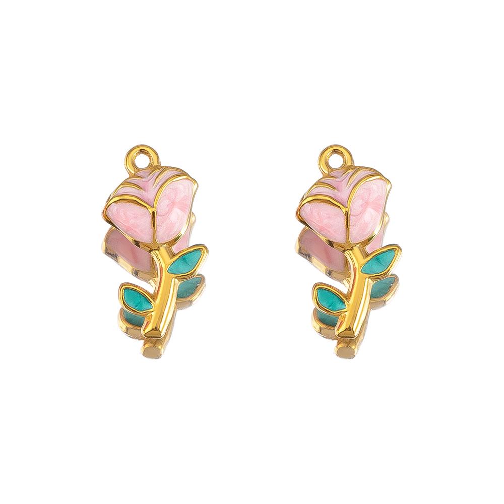 2pcs Stainless Steel Charms Retro Pink Enamel Rose Flower Heart Necklace Charm for DIY Earring Jewelry Making Pendant Supplies