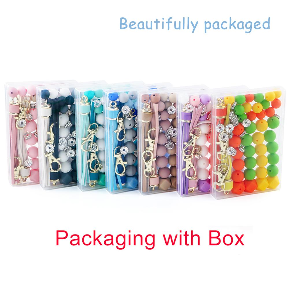 New 60Pcs/Box Leather Keychain Tassels Silicone Bead Round Hexagon Lentil For Jewelry Making DIY Keychain Bracelet Accessories