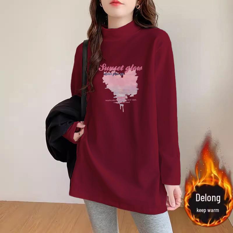 Plus Size Women's German Velvet Long Sleeve T-shirt: Loose Mid-Length Base Shirt for Early Spring, Autumn, and Winter.