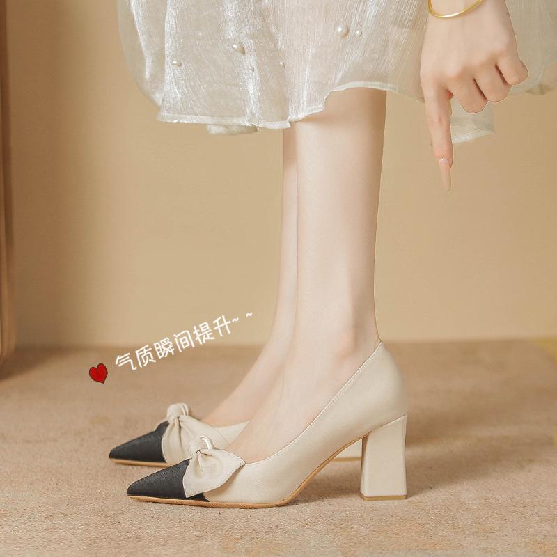 High Heels Women's Spring New Light Mouth Thick Heel Bow Single Shoes Women's Work Shoes Women
