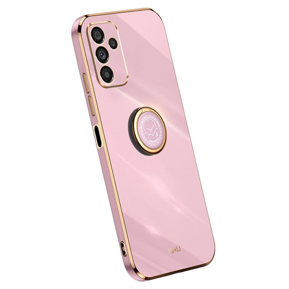 

XINLI For Samsung Galaxy A14 5G/A14 4G Precise Lens Cutout Ring Kickstand Phone Case Electroplating Golden Edge Soft TPU Cover Purple