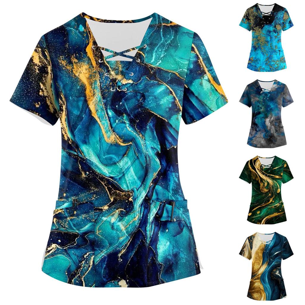 Dámská pracovní uniforma s krátkým rukávem a výstřihem do V s potiskem