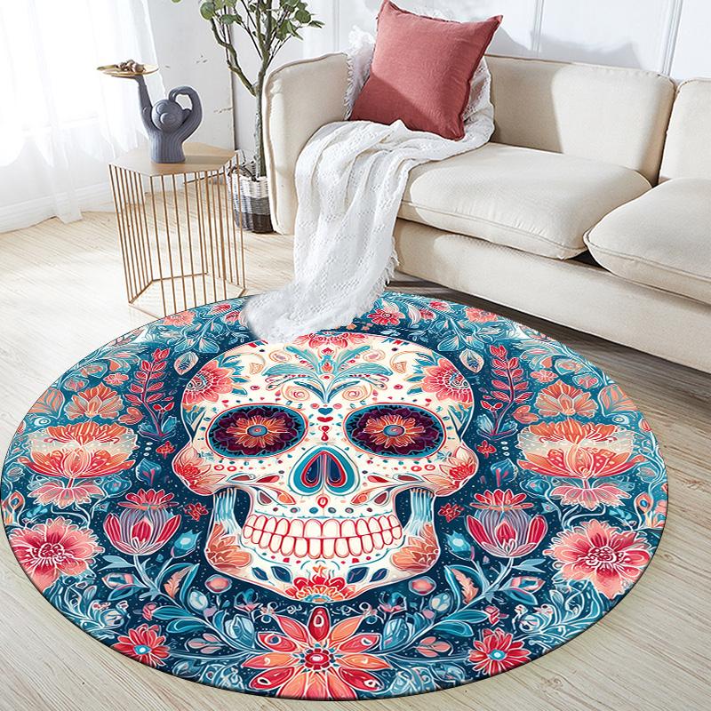 

Floral Skull Round Area Rug,Carpet Rug for Living Room Bedroom Sofa Playroom Decor,Non-slip Floor Mat 80cmx80cm