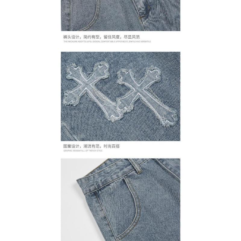 Men Cross Applique Hip Hop Loose Straight Wide Leg Casual Denim Jeans