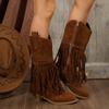Suede Vintage Fringe Boots 2025 Winter New Rivet Belt Buckle Pointed Toe Mid-Top Boots Plus Size Knight Boots Women