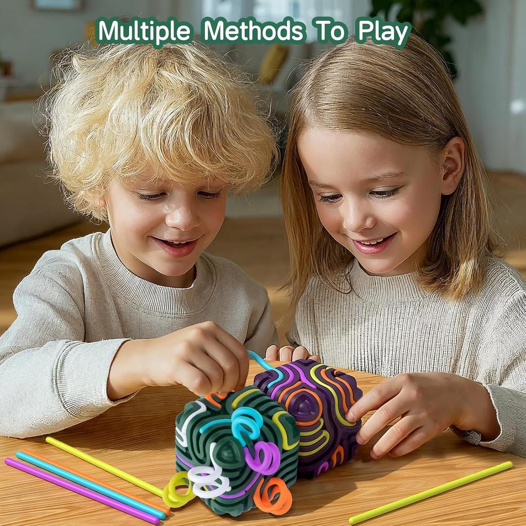 Sensory Fidget Toys for Kids Adults Silicone Activity Cube with 15 Colorful Strings Travel Stress Relief Toys Christmas Gift