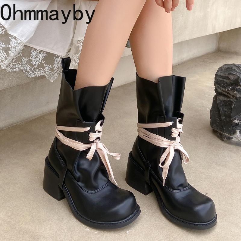 Autumn Winter Corss Strap Women Mid Calf Boots Fashion Slip On Square Heels Shoes Female Modern Trouser Legs Booties