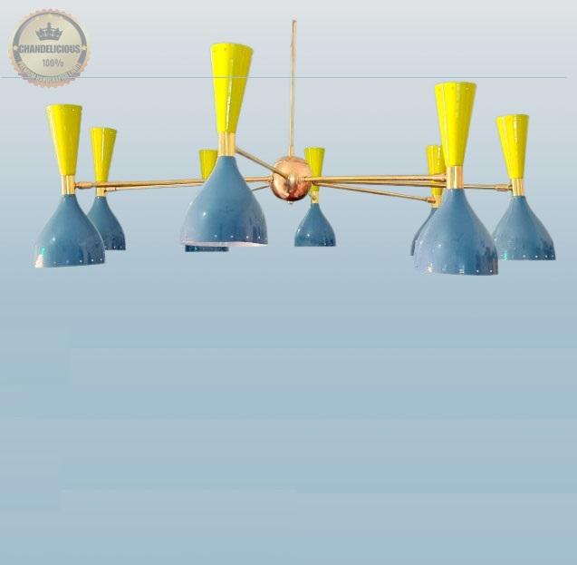 Sea Green Diablo Light | Handcrafted Illumination | Multidirectional Brass Chandelier With 8 Pair of Shades Stilnovo Lamp
