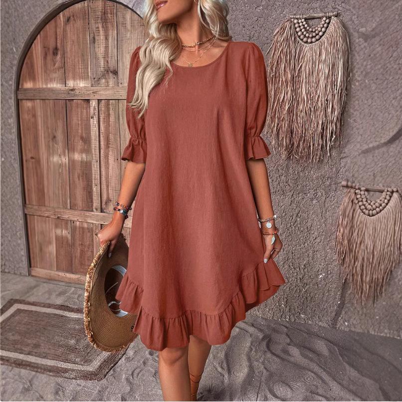 SCIONE New Women's Clothes Retro Cotton Half Sleeve Round Neck Pleated Stitching Solid Color Loose Swing Dress
