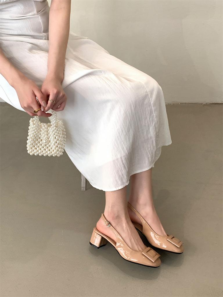 Leather Square Buckle Bag Head Sandals Women's 2025 New Summer One-word with Shallow Mouth Back Empty Stiletto Shoes