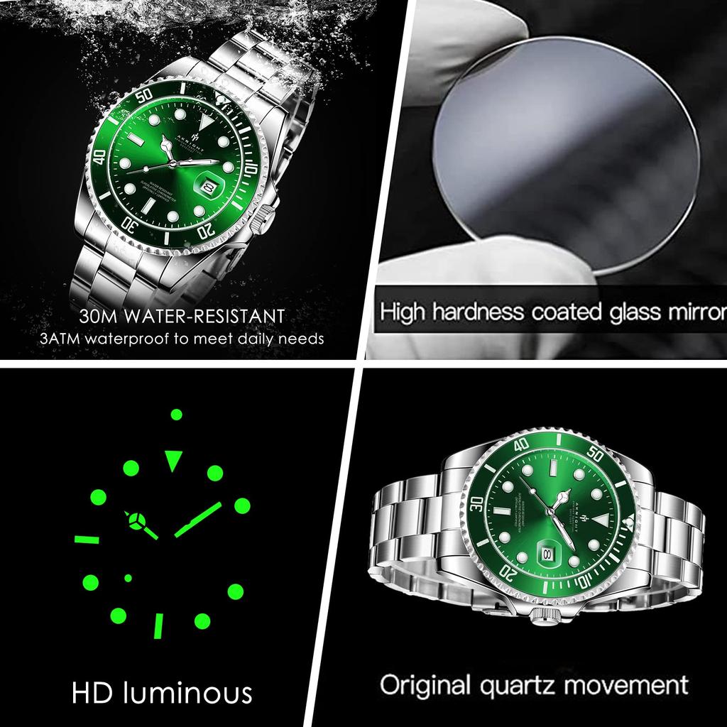 AKNIGHT Analog Watch with Unidirectional Rotating Stylish Crystal Luminous Stainless Steel 30m Water Luminous Date Japanese Instruction Manual Men's