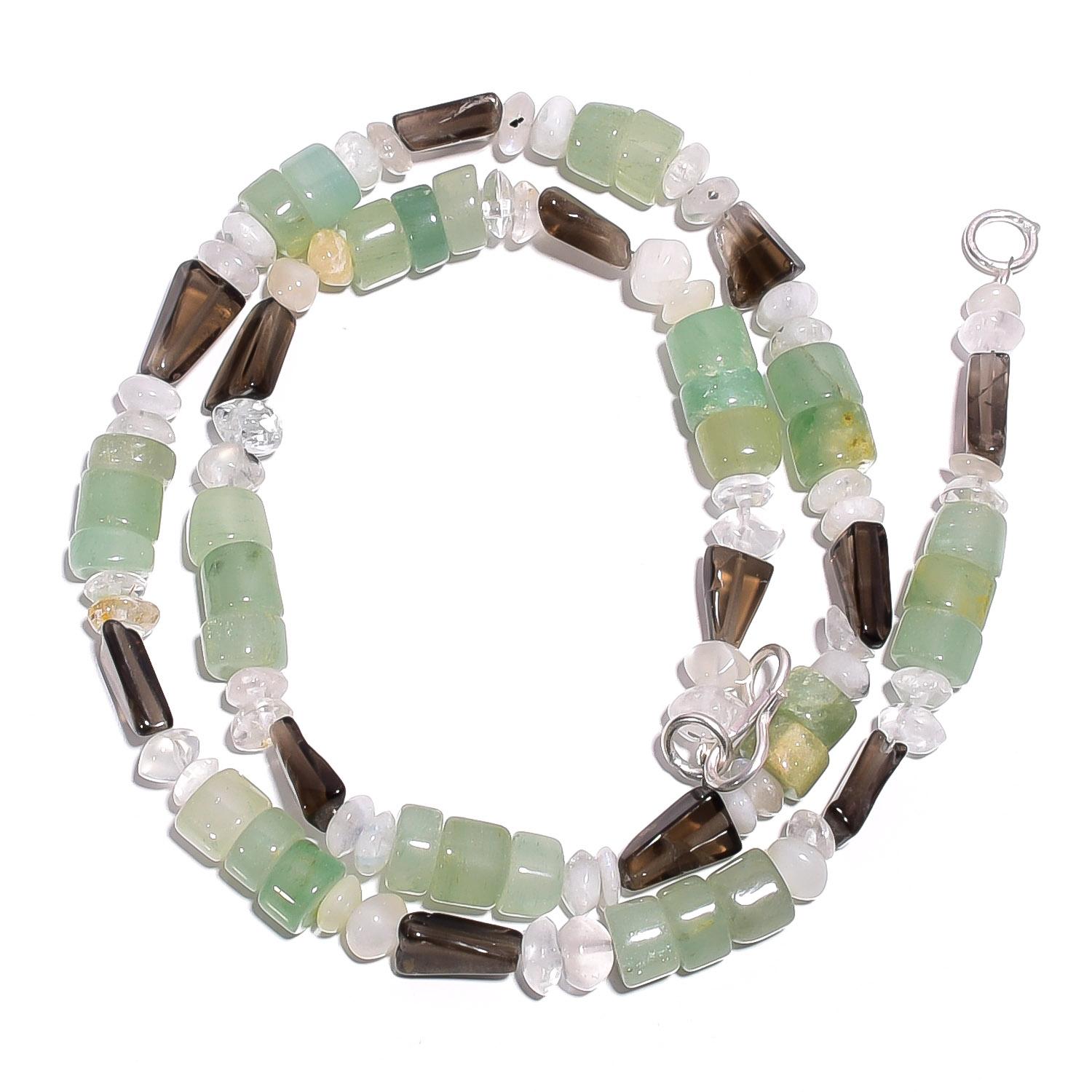 

Natural Aventurine Moonstone Smoky Quartz Gemstone Beads Necklace 17 UB-4544 UB-4544